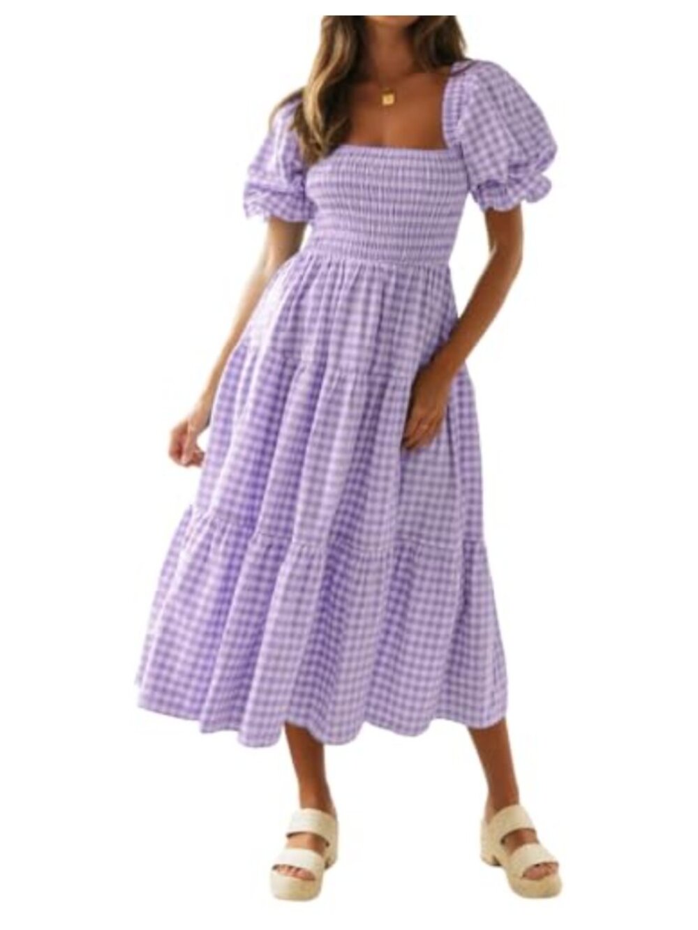 Women's Boho Plaid Midi Dress Puff Sleeve Smocked Square Neck Casual Flowy